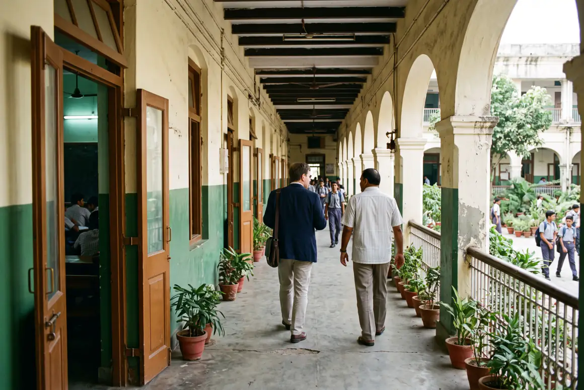 Two men walking along an open school corridor, with students in uniform beyond.