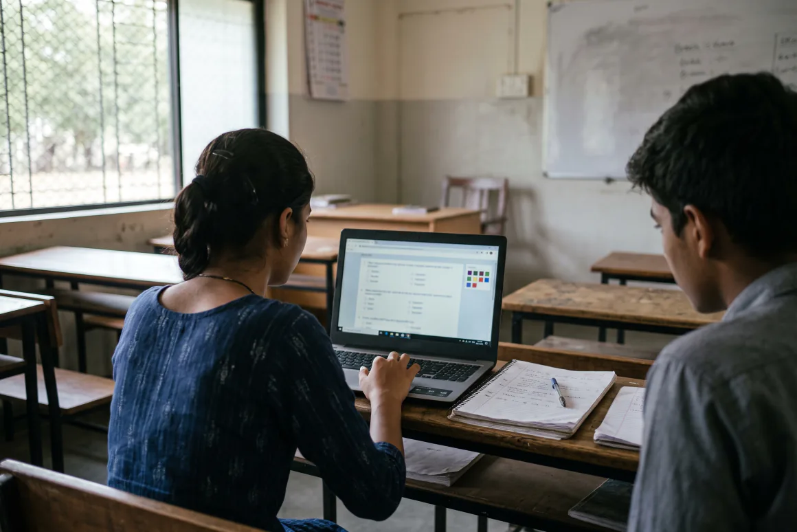 Two students at a classroom desk, one working through a question paper on a laptop.
