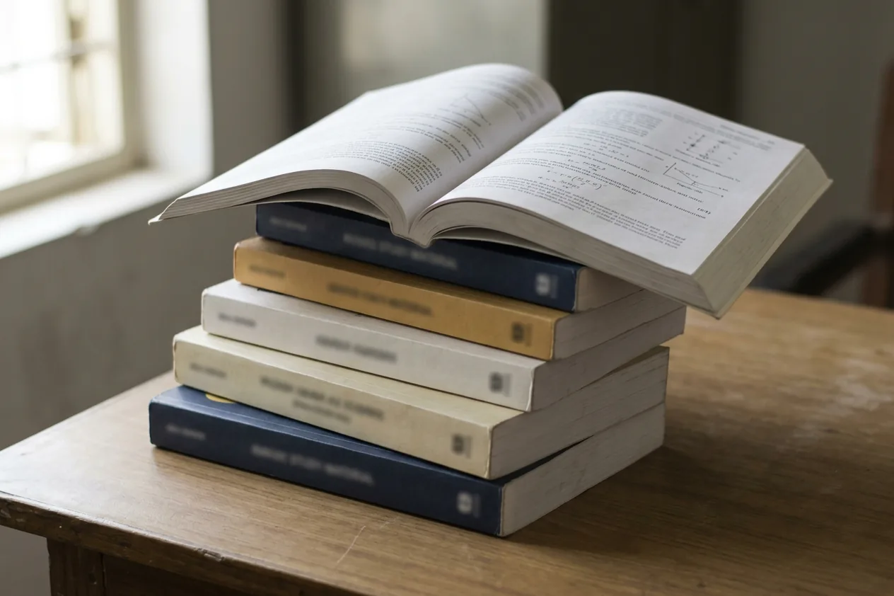 A stack of printed study-material volumes on a desk.