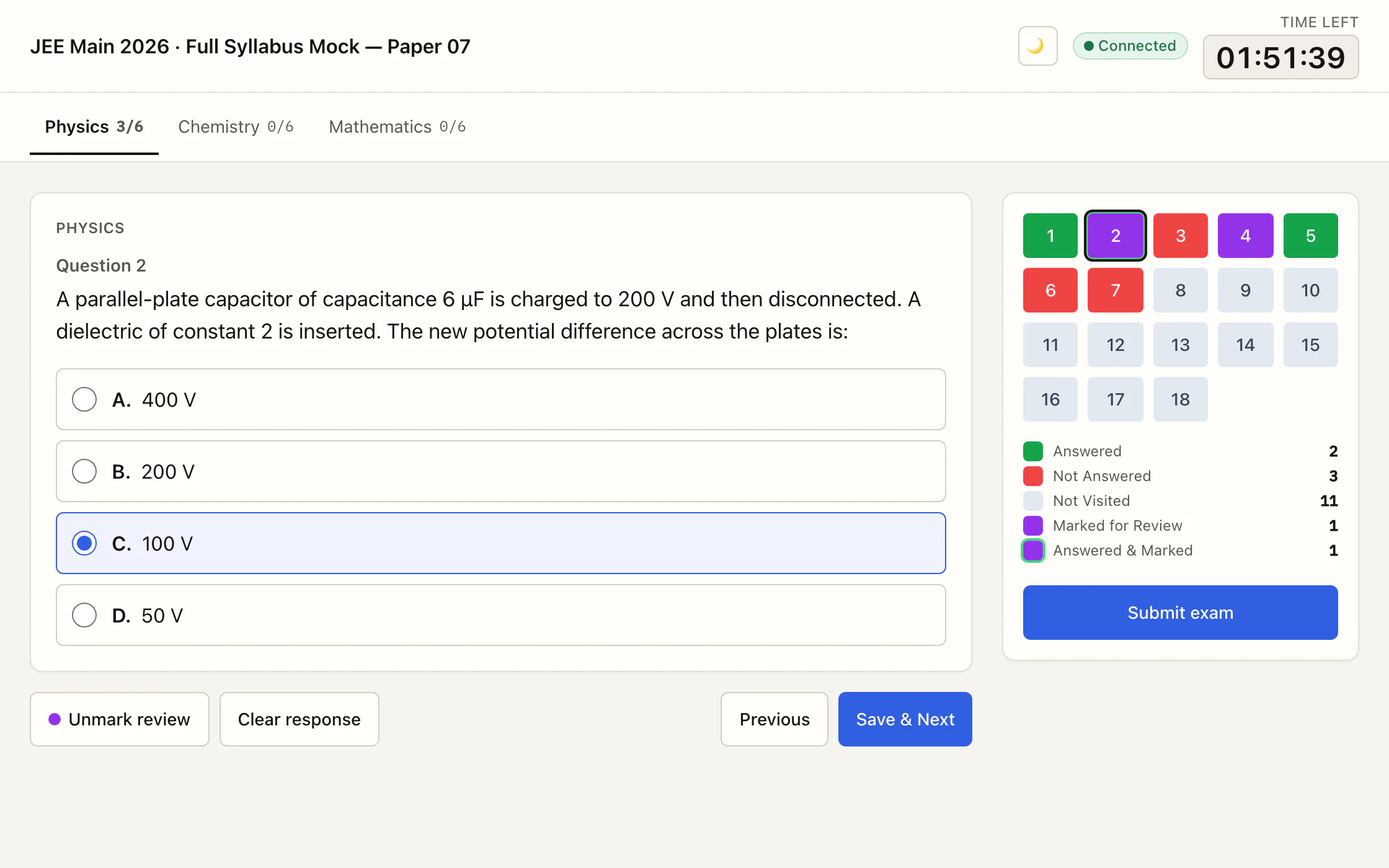 The NEXTGEN exam interface mid-paper: a physics question with four options, a colour-coded question palette, and the remaining time.